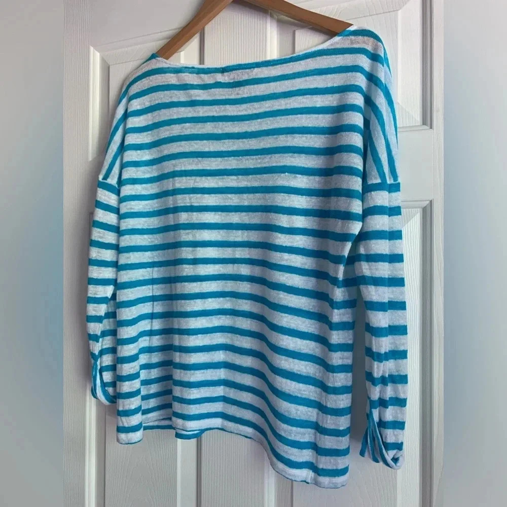 Lauren Ralph Lauren Top Linen Large White Blue Striped Dolman Sleeve Euro Summer - Picture 4 of 12